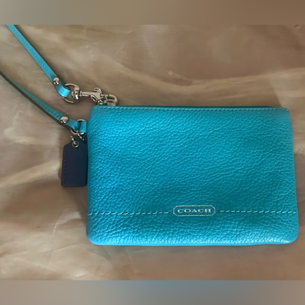Coach Pebbled Leather Wristlet in Turquoise Blue